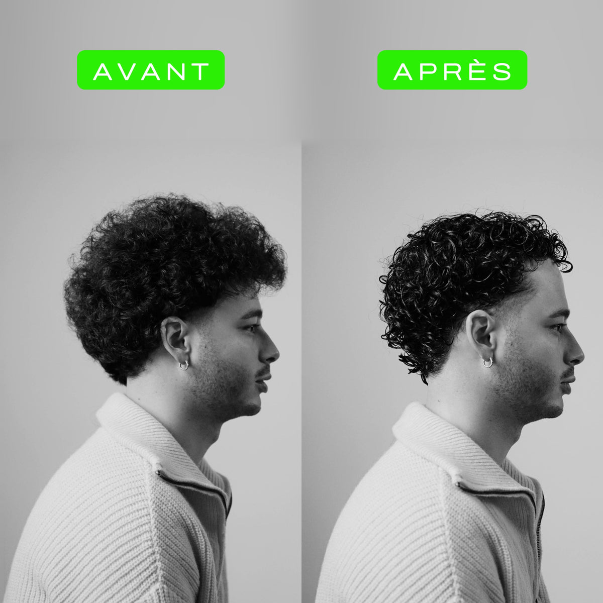 Avant après crème bouclante homme : boucles définies et sans frisottis